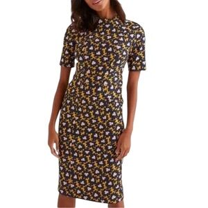 Boden Black Midi Dress with Pink and Mustard Floral Print 12L